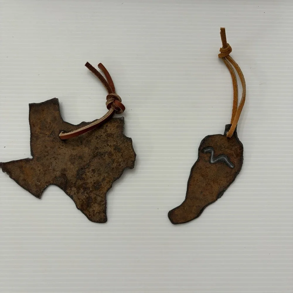 Rustic Hand Forged Texas State & Cowboy Boot Rusted Meta Christmas Ornaments